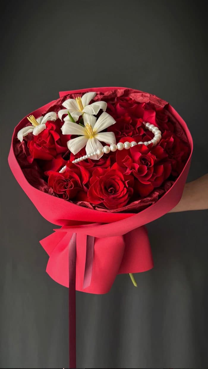 Red Rose & Pearl Bouquet by Holy Chic Flowers Manila, product view 1