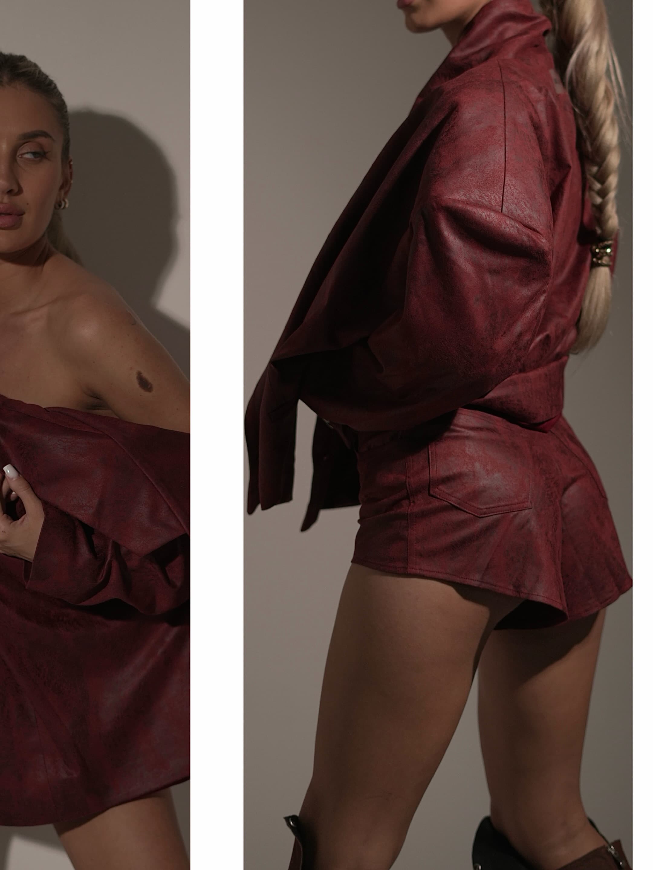 Lisa Manila in a burgundy fashion editorial beside a mirror