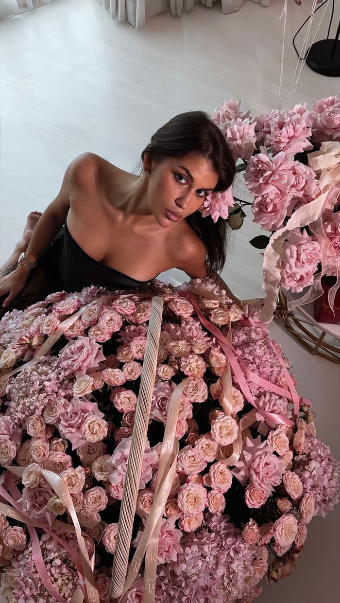 Large basket of spray roses and hydrangeas by Holy Chic Flowers