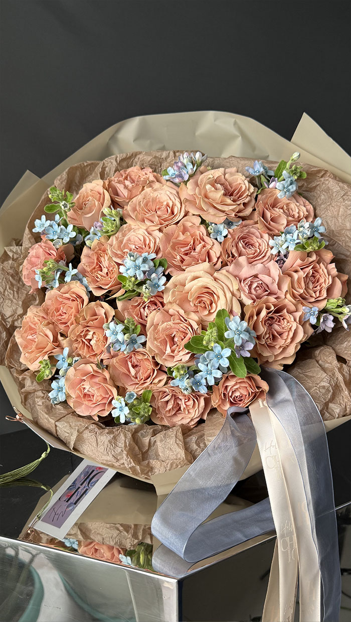 French Coffee Rose Bouquet with Blue Accents