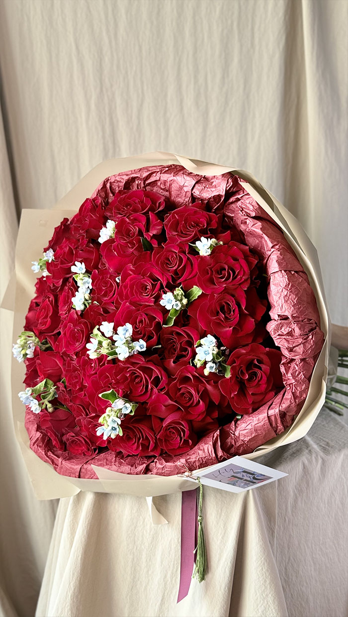 Large Red Rose Bouquet with Blue Accents